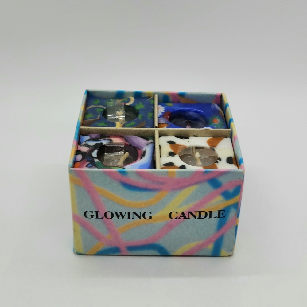 Vintage Glowing Candle Set 4pc Handmade Multi Color Abstract Floral Votive Box